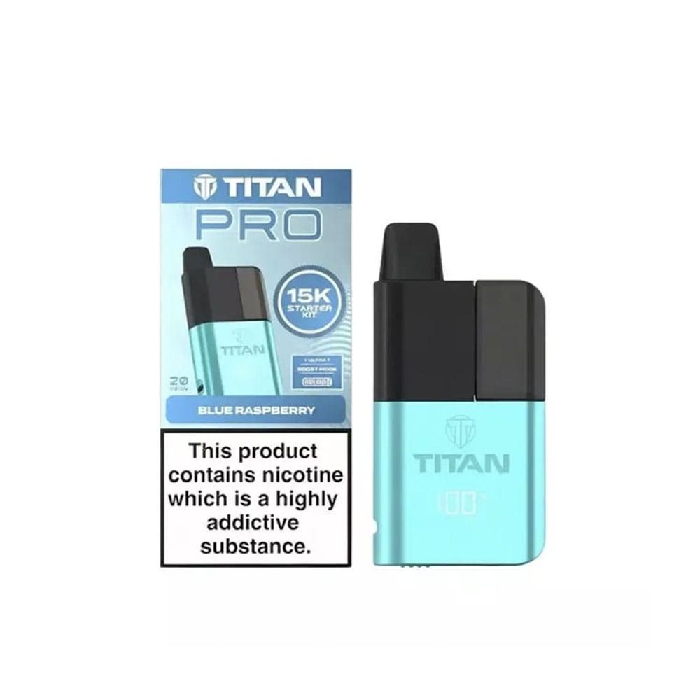 The Titan Pro 15K kit blue raspberry flavour with a white background