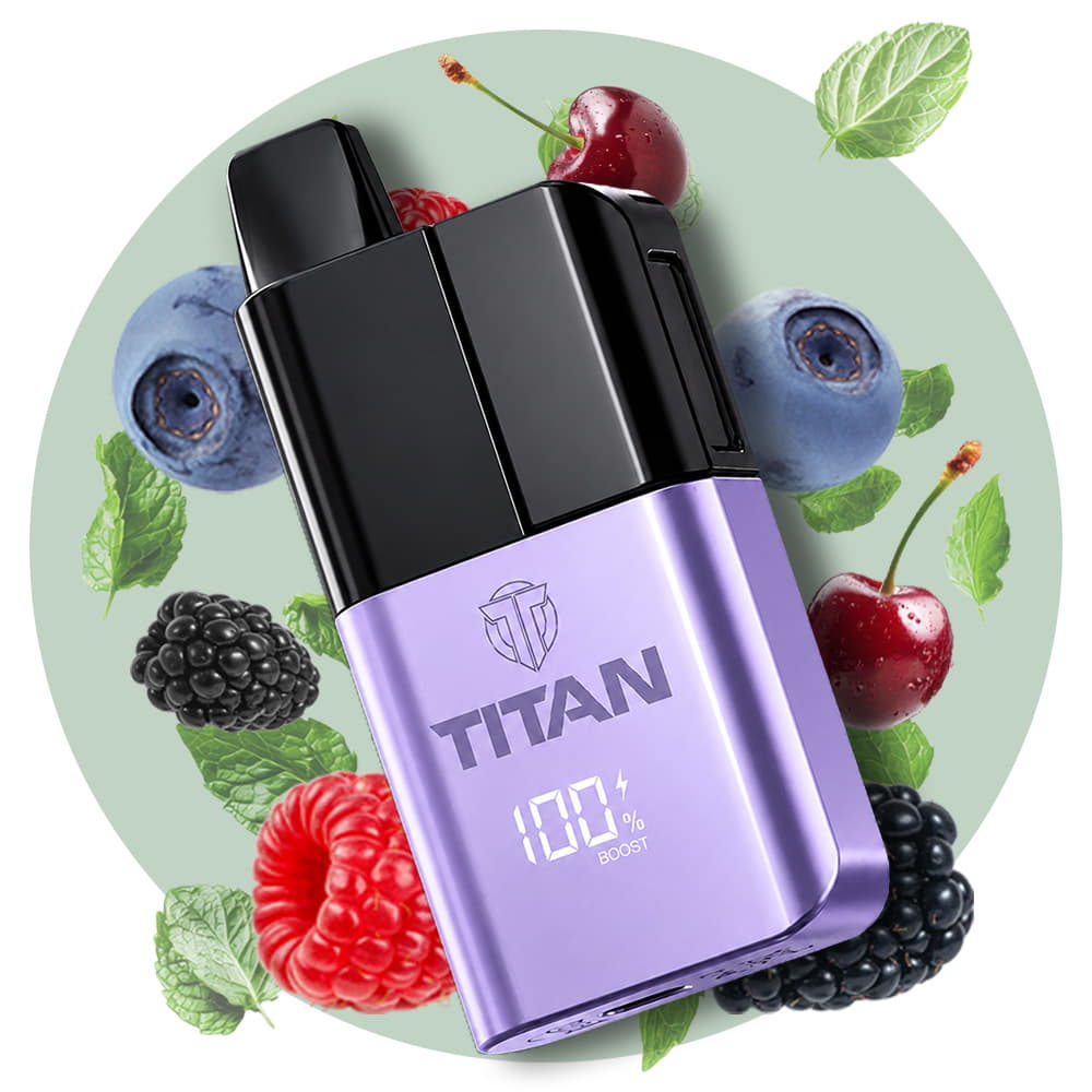 Titan Pro 15K device with fruit around it on a light green circular background