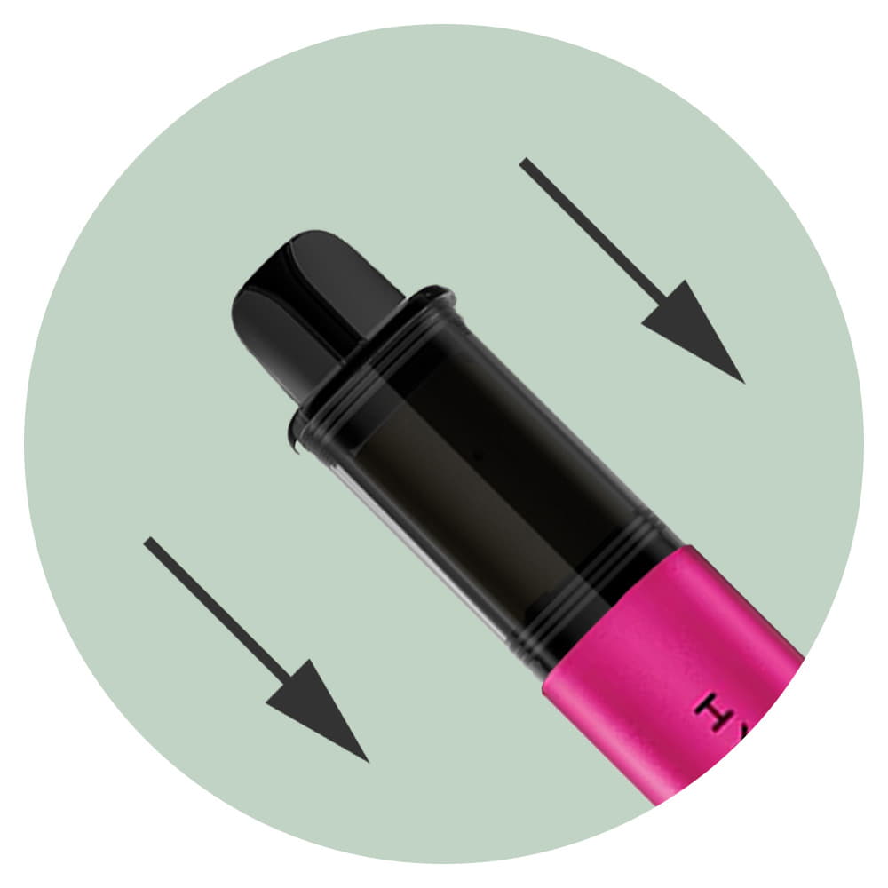 hyola pro max assembly showing the pod going into the battery with downward arrows on a light green background