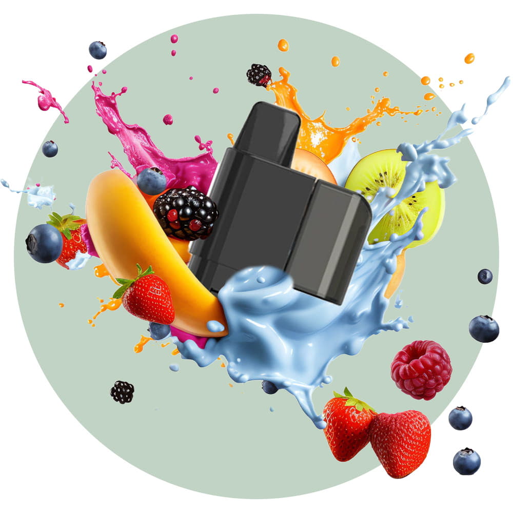 Titan Pro 15K Pods with fruit and fruit splashes surrounding them on a light green circular background