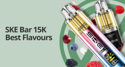 ske bar 15k best flavours showing the device surrounded by fruit on a light green background