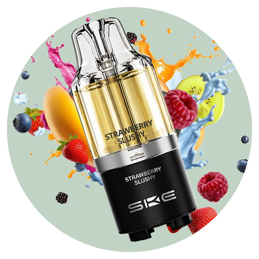 ske bar 15k pods with fruit icons and splashes on a light green background