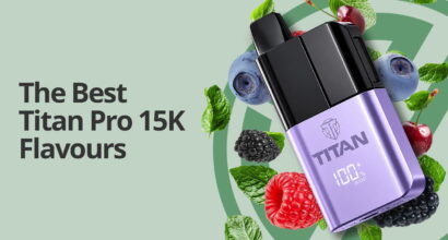 the best titan pro 15k flavour main banner with the kit surrounded by fruit on a light and dark green background