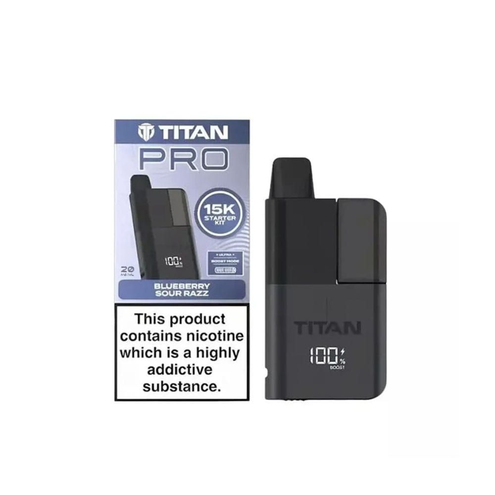 The Titan Pro 15K kit blueberry sour razz flavour with a white background